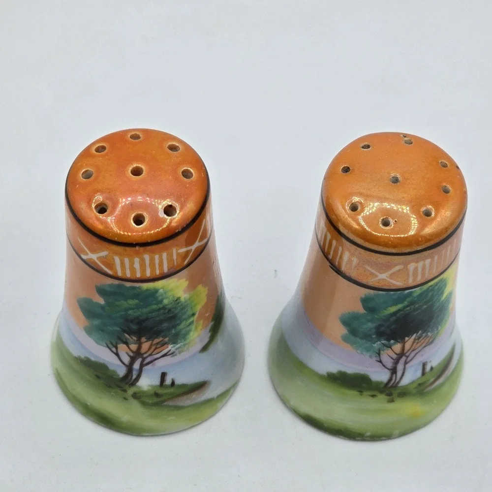 Vintage Noritake Handpainted Salt Pepper Shaker Japan Lusterware Tree Lake Scene